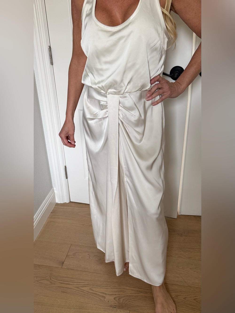 L'Academie Ivory Satin Draped Maxi Dress